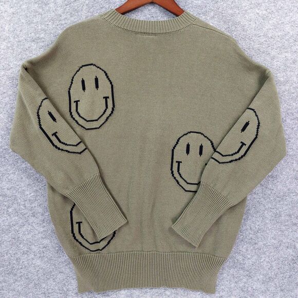 Miou Muse Sweater Womens Sz S Green Smiley Face Graphic Pullover Crewneck Knit - Picture 9 of 9